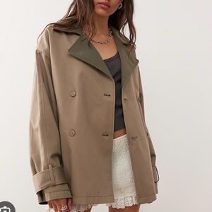 Hooded Double Breasted Trench-Rain Coat | Black & Tan | Size Medium